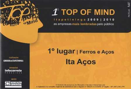 1º Prêmio Top of Mind da Ita Aços Certificado do 1º Prêmio Top of Mind da Ita Aços