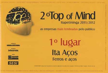 2º Prêmio Top of Mind da Ita Aços Certificado do 2º Prêmio Top of Mind da Ita Aços