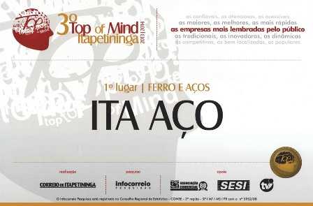 3º Prêmio Top of Mind da Ita Aços Certificado do 3º Prêmio Top of Mind da Ita Aços