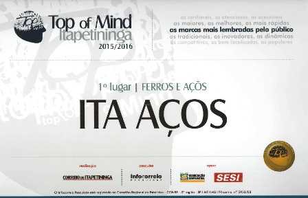 4º Prêmio Top of Mind da Ita Aços Certificado do 4º Prêmio Top of Mind da Ita Aços