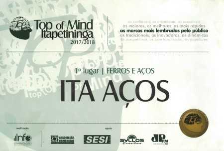 5º Prêmio Top of Mind da Ita Aços Certificado do 5º Prêmio Top of Mind da Ita Aços