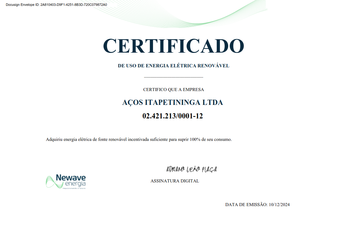 Adquiriu energia elétrica de fonte renovável incentivada suficiente para suprir 100% de seu consumo Certificado de Uso de Energia Elétrica Renovável